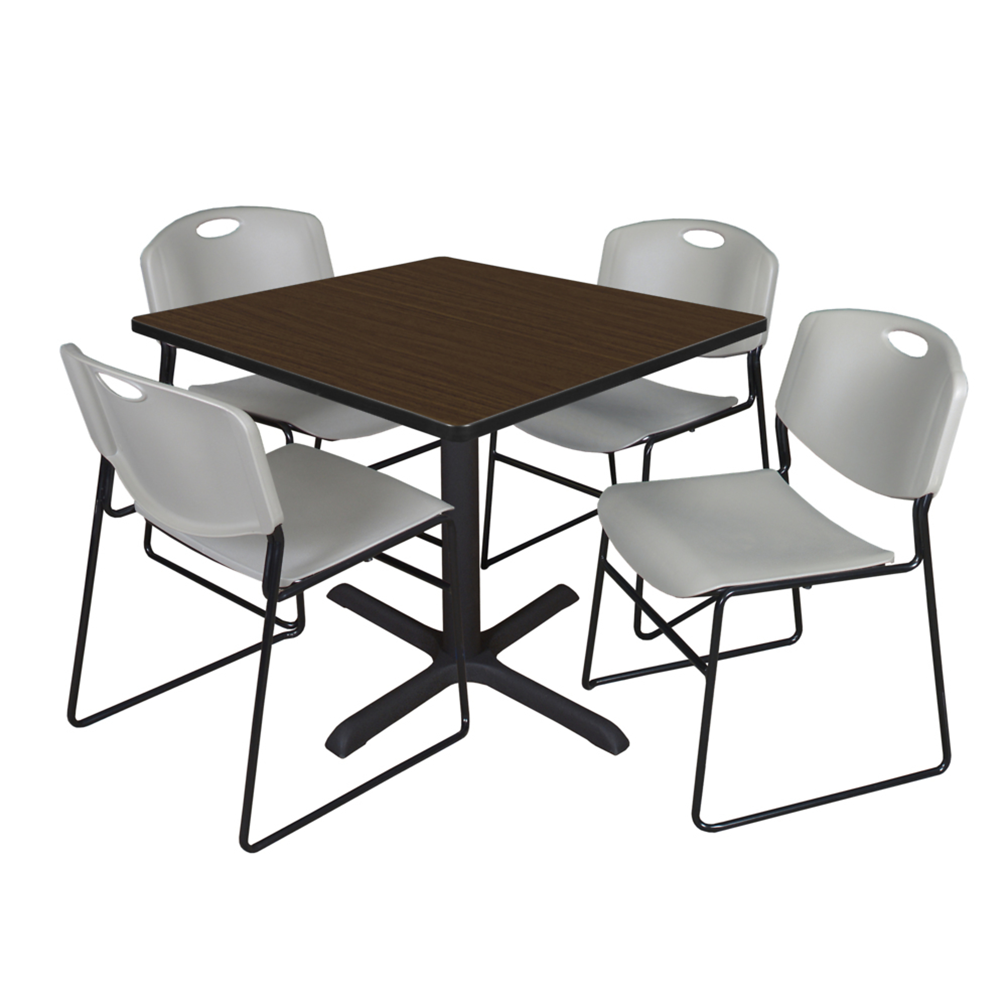 Regency Cain Breakroom Table and Zeng Stack Chairs Set — 36in. Square, Neo Walnut, 4 Grey Chairs, Model# TB3636NW44GY